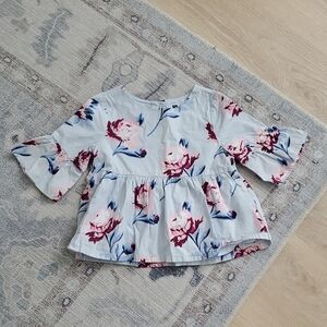 Janie and Jack Girls Bell Sleeve Peplum Top Baby Blue Bloom Floral Shirt Sz6